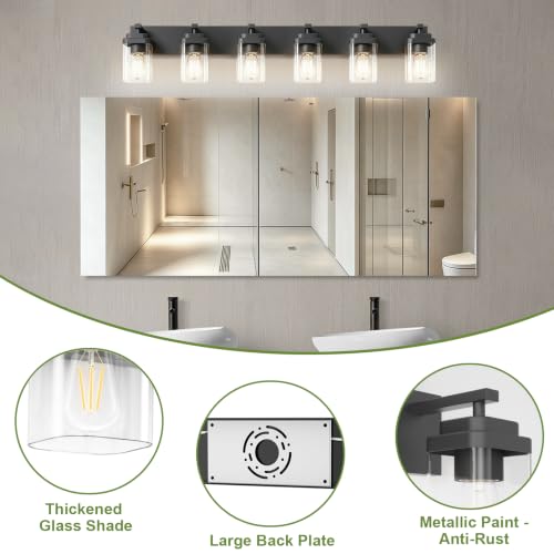 Image of Black Bathroom Light Fixtures, 6 Lights Bathroom Lighting Fixtures Over Mirror, Square Design & Rectangle Large Backplate, Modern Vanity Lighting Fixtures, for Bathroom /Living Room /Bedroom