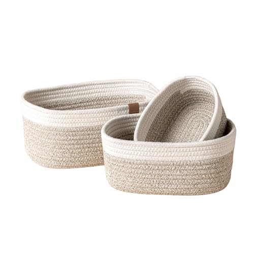 Image of LA JOLIE MUSE Rope Storage Baskets for Organizing, Small Cotton Woven Basket for Bathroom Shelve Nursery, Decorative Basket Organizer Bins Set of 3, White & Desert