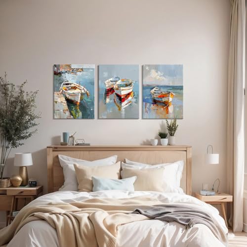 LUNGHANARTS Wall Art Painting Small Boat Coastal Scenery Modern Decor oil painting Abstract Canvas Prints for Living Room Bedroom Kitchen Home and Office Wall Decor12x16Inch Set of 3 - Image 2