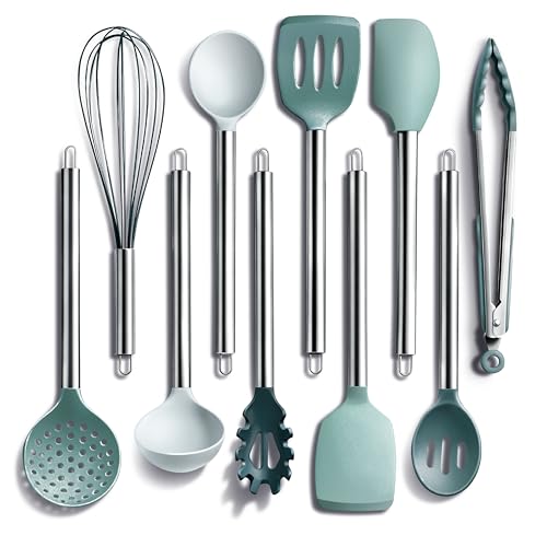 COOK WITH COLOR Silicone Cooking Utensils, Kitchen Utensil Set, Easy to Clean Silicone Kitchen Utensils, Cooking Utensils for Nonstick Cookware, Kitchen Gadgets Set, 10 Pieces, Teal