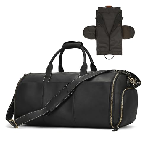 LUUFAN Full-grain Leather Garment Bag Large Capacity Travel Bag Business Suit Carrier Bag with Shoe Compartment, Overnight Gym Sports Duffel Bags for Men Women, Black