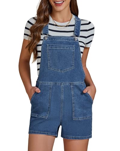 luvamia Womens Jean Short Overalls Denim Bib Adjustable Straps Side Zip Romper Casual Summer Shortalls Womens Medium Blue Overalls Size Large US 12 to 14