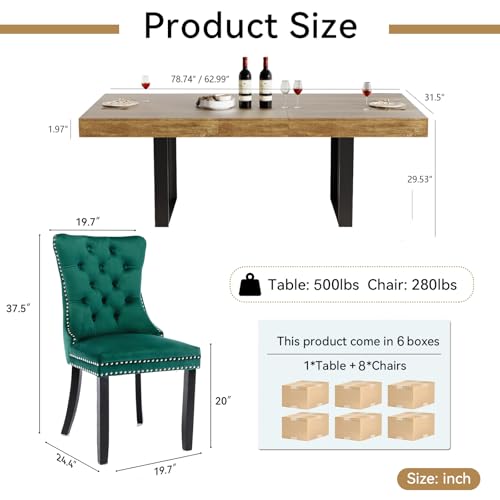 Image of Brown Dining Room Table Set for 8, 9-Piece 63 inch-78.74 inch Extendable Dining Table Set with 8 Upholstered Chairs, Rectangle Wooden Expanding Kitchen Table and Green Chairs Set