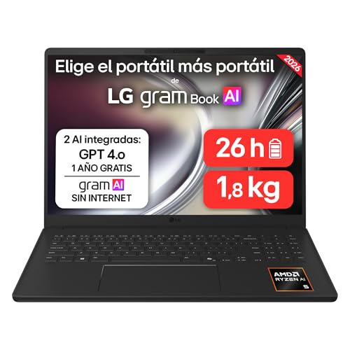 LG gram 16UD55U-G.AX55BN - Ordenador Portátil Ultraligero de 16' Ryzen AI 5 430, 16 GB RAM, 512 GB SSD, AMD Radeon Graphics, IPS Antirreflejo, 1800g, 26 h, FreeOS,Teclado ES, Negro carbón