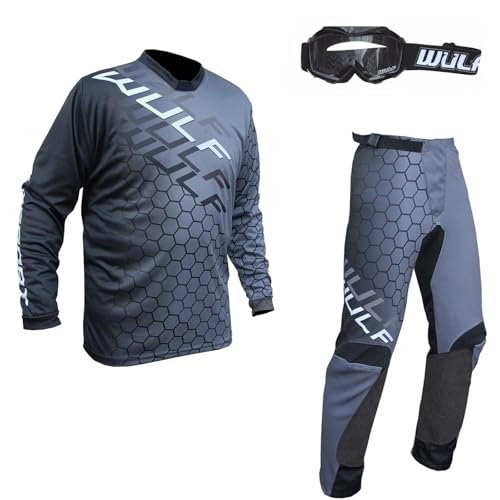 Wulf Junior - Traje y gafas de motocross para niños, color negro, camiseta y pantalones todoterreno para enduro o quad, motocross, BMX, deportes, kart, ATV, MX, Negro, TOP: 8-10 Years, PANT: 24 inches