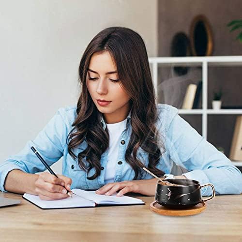 RUIOMII Marble Coffee Cup Porcelain Mug with Spoon Creative Ceramic Cup Saucer for Valentine's Day Mother's Day Gift 300ml Black