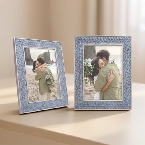 Image of GOLDEN PEACOCK Set of 2 Antique Grey 5x7 Photo Frames, Wall & Tabletop | Textured Picture Holders with Clear Glass Front for Family Photos, Office Display, Home Decor & Gifting