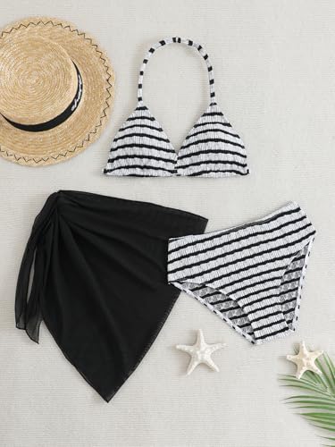 Image of SEGT Girl's 3 Piece Striped Bikini Swimwear Cute Swimsuits Bathing Suit High Waisted with Cover Up Beach Skirt