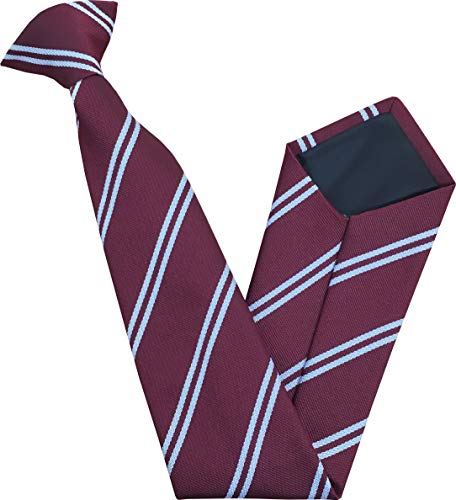 Great British Tie Club Corbatas escolares de doble raya con clip (variaciones de color y tamaño), Granate y blanco, 14 inch clip on (Junior School)