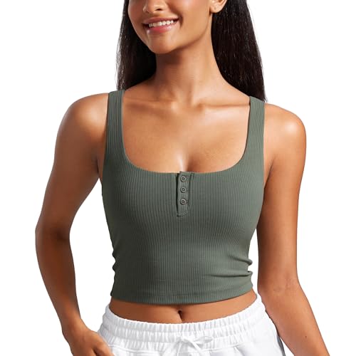 Image of CRZ YOGA Ribbed Henley Crop Tank Tops | Medium Support, Removable Pads, Casual, Square Back, Wide Straps, Longline Sports Bras for Women