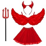 WILDPARTY Angel Costume for Women, Tutu Skirt, Demon Angel Wings, Red Devil Horn Headband, and Pitchfork for Girls Dress Up Halloween Cosplay Party (Red-Up)