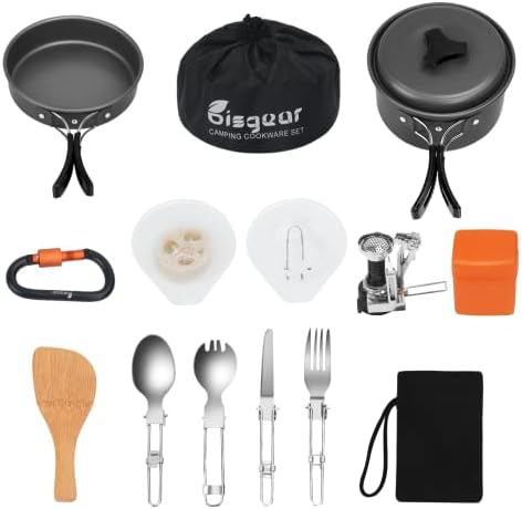 16pcs Camping Cookware Stove Carabiner Folding Spork Set Bisgear(TM) Outdoor Camping Hiking Backpacking Non-stick Cooking Non-stick Picnic Bowl Pot Pan , Folding Spork , Mini Stove with Piezo Ignition
