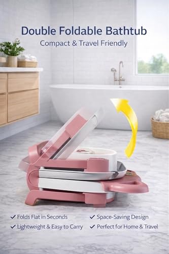 Image of TINSY Foldable Baby Bath Tub with Built-in Water Thermometer & Soft Head Support Pillow | Portable Newborn Bathtub | Anti-Slip Legs | Space-Saving Infant Bath Tub for Babies & Toddlers | Blush Pink