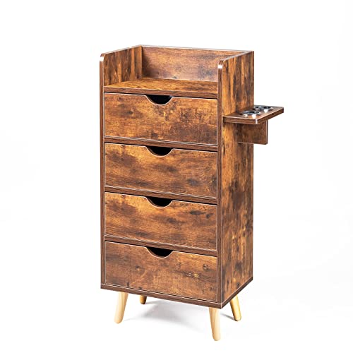 OmySalon 4 -Layer Salon Station Storage Cabinet, Beauty Barber Styling Stations, Hair Stylist Station Equipment with 2 Hair Dryer Holders, 4 Drawers and Raised Table Legs, Rustic Brown