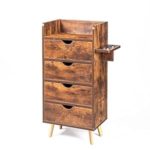 4 -Layer Salon Storage Cabinet,Beauty Barber Salon Styling Station Organizer Equipment,Hair Stylist Station Set with 2 Hair Dryer Holders，4 Drawers and Raised Table Legs,Rustic Brown