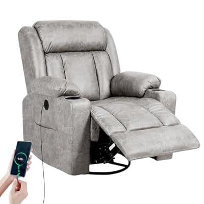 LAFWELL Retro Rocking Recliner Chair, Massage Rocker Recliner Chair with Vibration Massage and Heat, USB and Type-C Ports,360° Swivel Chairs, Living Room, Bedroom, Nursery, RV, Light Grey