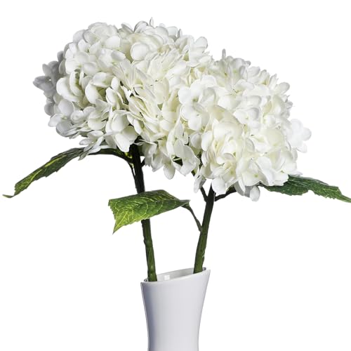 huaao 2 flores artificiales grandes de hortensias, flores artificiales como tallo largo real Hydrangea, ramo de flores, decoración para bodas, oficinas, centros de mesa, salón, fiesta, color blanco