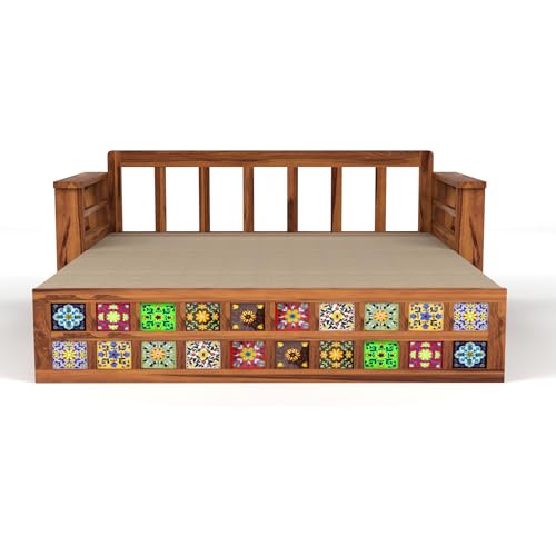 Image of Solid Sheesham Wood Sofa Cumss Bed with Storage & Handcrafted Ceramic Tile Design | Rosewood Sofa Bed with Cushions for Living Room & Bedroom (Natural Finish)