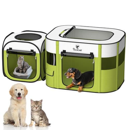 Pawaboo 2-in-1 Box per Cani e Gatti, Box Portatile per Cuccioli con 600D Oxford, Tenda per Animali da Viaggio per Gattini e Cuccioli, Recinto per Cani