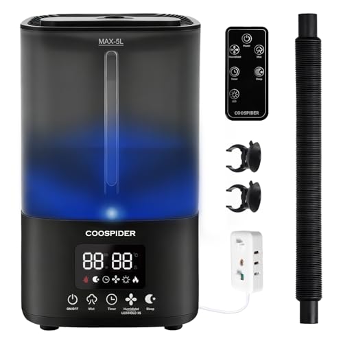 Coospider 5L Humidifier for Indoor Plants, Top Fill Humidifier for Grow Tent, Cool Mist Humidifiers with Timer & Humidity Control, Quiet Fogger for Plants, Mushroom, Greenhouse, Terrarium, Bedroom
