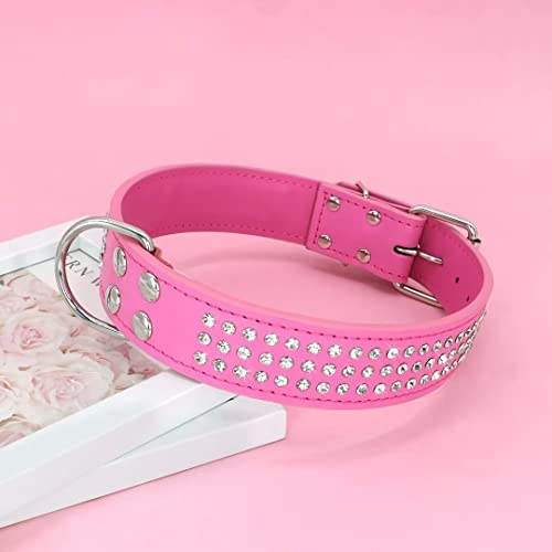 Berry Pet Rhinestones Dog Collar - 1.5" Width Leather Made With Sparkly Crystal Diamonds Studded - Shining Pet Appearance For Medium & Large Dog Walking,15"-18",Hot Pink #TOP5