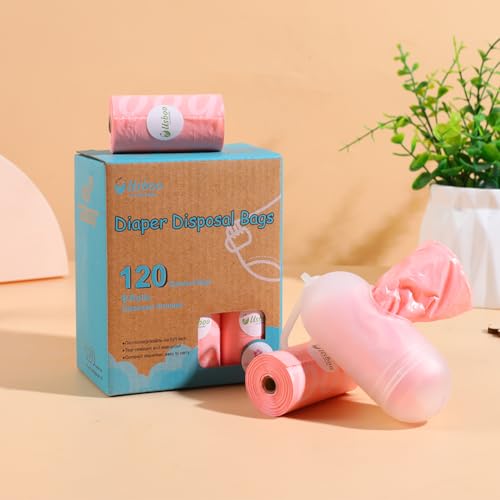 Image of USBOO Disposable Diaper Bags for Baby - 8 Refill Rolls (120 Pack), Disposable Trash Bag with Dispenser - Cherry Blossom Scented, Pink, Ideal for Diaper Disposal