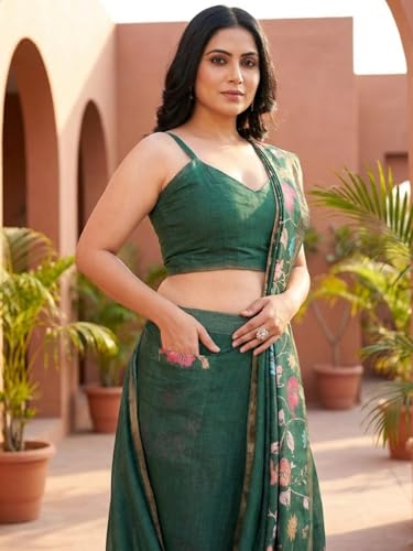 Image of SAMANTHA Black Floral Print Ready to Wear Linen Saree with Pocket & Adjustable Belt