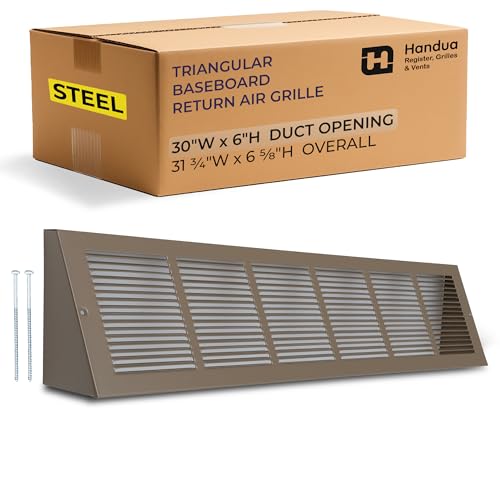 Fits 30x6 Duct Opening | Steel Triangular Baseboard Return Air Grille by Handua | Efficient Air Flow | Air Register Vent Cover Grill | 3-13/16" Depth | Brown | Outer Dimensions: 31-3/4" x 6-5/8" by Handua - Used condition - US$36.63