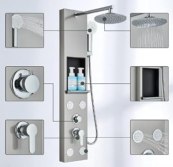 Stainless Steel Shower Column with Massage Jets Column Wall Shower Multifunctional Shower Panel with Shelf for Bathroom