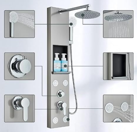 Stainless Steel Shower Column with Massage Jets Column Wall Shower Multifunctional Shower Panel with Shelf for Bathroom