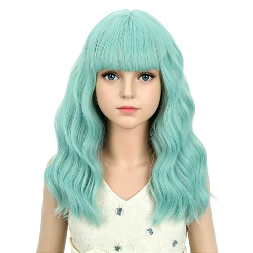 Image of Adult Mint Green Wig Women Short Green Wavy Curly Wigs Adult Wig with Air Bangs Synthetic Cosplay Hair Wigs