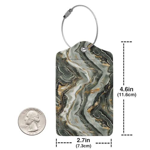 2 Pack Green Marble Gold Liquid Stone Luggage Tags for Suitcases, Leather Baggage Tag with Loop, Funny Cool Name Id Card Cover Travel Bag Labels Set for Women Men Boys Girls Kids3