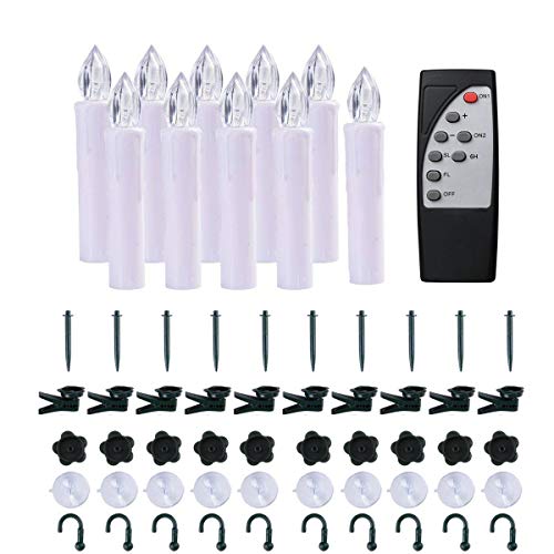 Kithouse 10 Set Christmas Window Candles Lights with Timer Remote Battery Operated Electric Christmas Tree Candle LED Flameless for Windows Christmas - Suction Cups, Spikes & Clips Included,Warm White
