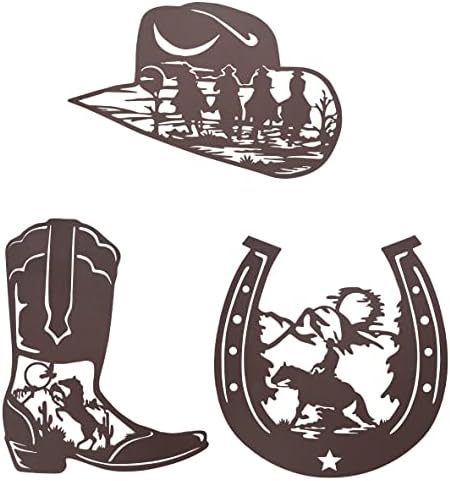 VinSees Metal Horseshoe Cowboy Boots Cowboy Hat Wall Art Decor, Rustic Western Wall Decor, Western Themed Cowboys Riding Horses Decorations for Home Bedroom Bathroom, Set of 3