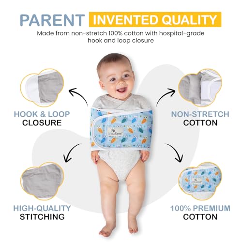 Image of Anna & Eve Baby Swaddle Strap for Newborns and Infants - 100% Cotton, No Overheating - The Original Arms Only - Adjustable Large Size Swaddle, Fits Chest 16 inch to 20.5 inch - Owls Blue /Green | 100% Cotton, Comfortable and Secure, No Overheating, Original Arms Only, Adjustable Size Swaddle, For Mothers, Mothers to be
