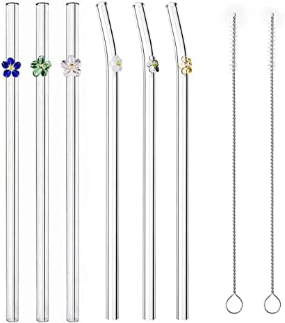 6PCS Reusable Glass Straw Flower Design Glass Straw,Colorful Straws Cocktails Bar Accessories Cleaning Brush Bent Drinking Straws for Hot and Cold Drinks (Flower)