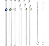 6PCS Reusable Glass Straw Flower Design Glass Straw,Colorful Straws Cocktails Bar Accessories Cleani