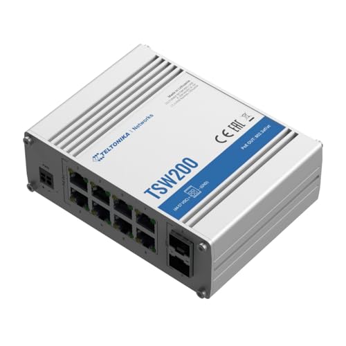 Switch Teltonika TSW200 con puertos Gigabit Ethernet y alimentación PoE para red local