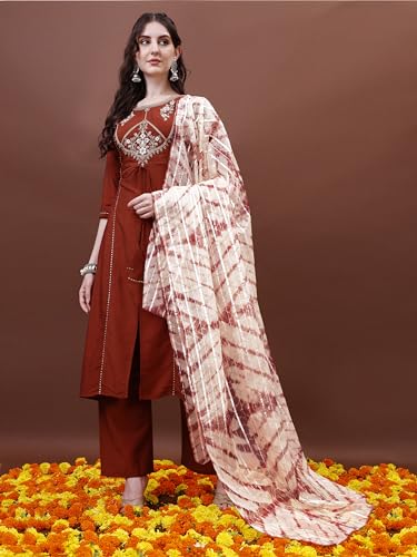 Image of EthnicJunction Women's Chinon Embroidered Straight Front Slit Kurta Palazzo & Organza Dupatta Set | Wedding | Heavy | Outfit | Suit