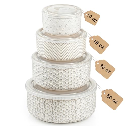MIKIGEY Serving Bowls with Lids, Ceramic Embossed Nesting Mixing Bowls, Set of 4, Serving Bowls Set for Food Storage, Popcorn, Salad etc, Microwave & Dishwasher Safe, 10/18/33/50 OZ, Off-White