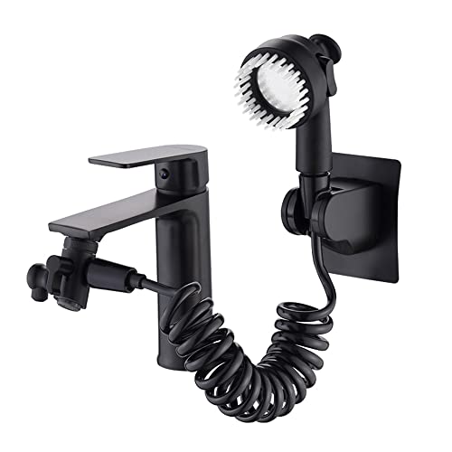 Faucet Sink Hose Sprayer Attachment Bathtub Faucet Shower Spray Head with Diverter Valve Replacement Parts,Massage Adapter for Sink Basin Faucet with Telescopic Hose Adhesive Shower Holder Matte Black
