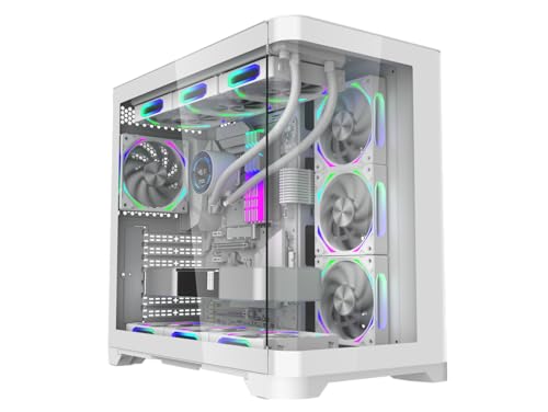 iONZ Estuche para juegos de PC ATX Mid Tower - Serie dinámica de doble cámara con 4 ventiladores ARGB PWM | Vidrio templado curvado | Flujo - Blanco