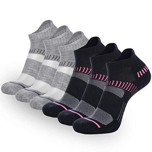 FLYRUN Womens Athletic Ankle Socks Women 6 Pack Performance Cushioned Low Cut Running Tab Socks (Shoe Size 5-9 / Sock Size 9-11, 3P-Black &3P- Grey)