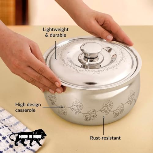 Image of Nestasia Stainless Steel Insulated Casserole with Lid (1500 ml) - 100% Food Safe Casserole for Roti Hot Case with Floral Vine Pattern - Keeps Food Hot & Cold | Rust Resistant & BPA - Free