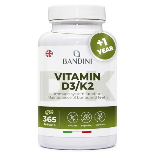 Bandini® Vitamin D3 K2 | 365 Easy-to-Swallow Tablets 1 Year Supply | 2000 IU Vitamin D3 & 200 mcg Vitamin K2VITAL® MK‑7 99% All Trans | Bones, Teeth, Muscles, Joints & Immune System | High Strength
