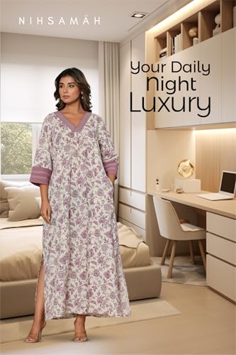 Image of NIHSAMAH Cotton Nighty for Women - Printed Stylish Night Gown, Comfortable Sleepwear Long Nightwear, Maxi