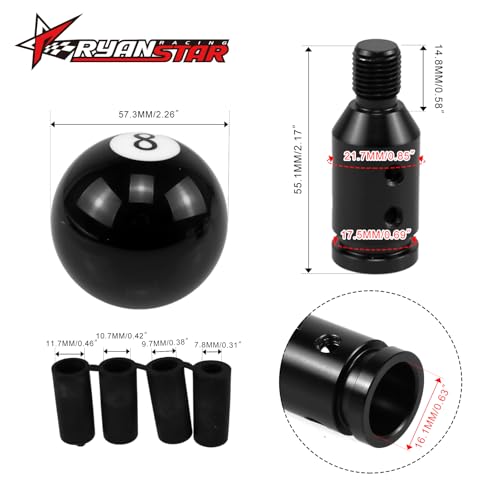 RYANSTAR Black 8 Round Ball Gear Shift Knob - Universal Compatible with Manual Shifter Knob with Aluminum Adapter-Premium Quality Acrylic & Aluminum Construction Compatible with Most Vehicles
