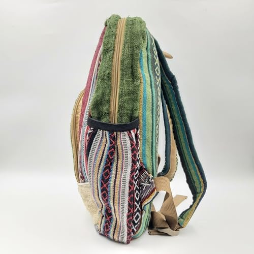 Himalayan Heritage Hemp Backpack, Traditional Striped Pattern, Green and Burgundy, Multi-Compartment Travel Bag4