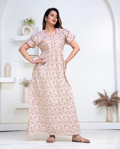 Image of Pure Cotton Designer Nighty for Women | Night Gown | Nightdress | Maxi Nighty | Sleepwear | Jaipuri Nighty | Nighties | Cotton Night Gown for Women /Girls with Belt Pink