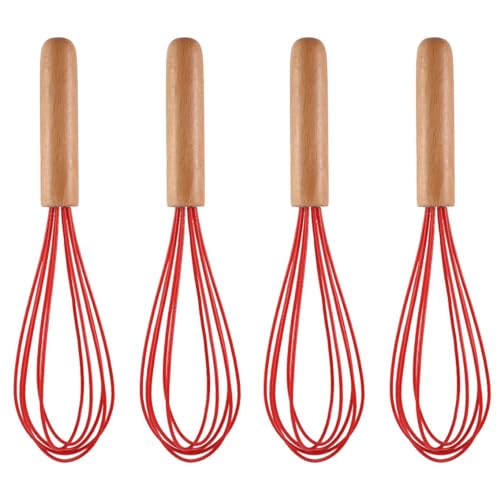 Ousyaah Silicone Whisk (4-Pack), Wooden Handle Manual Kitchen Whisks for Cooking, Classic Balloon Egg Beater Whisks, Suitable for Blending, Whisking, Beating, Frothing and Stirring (Red)